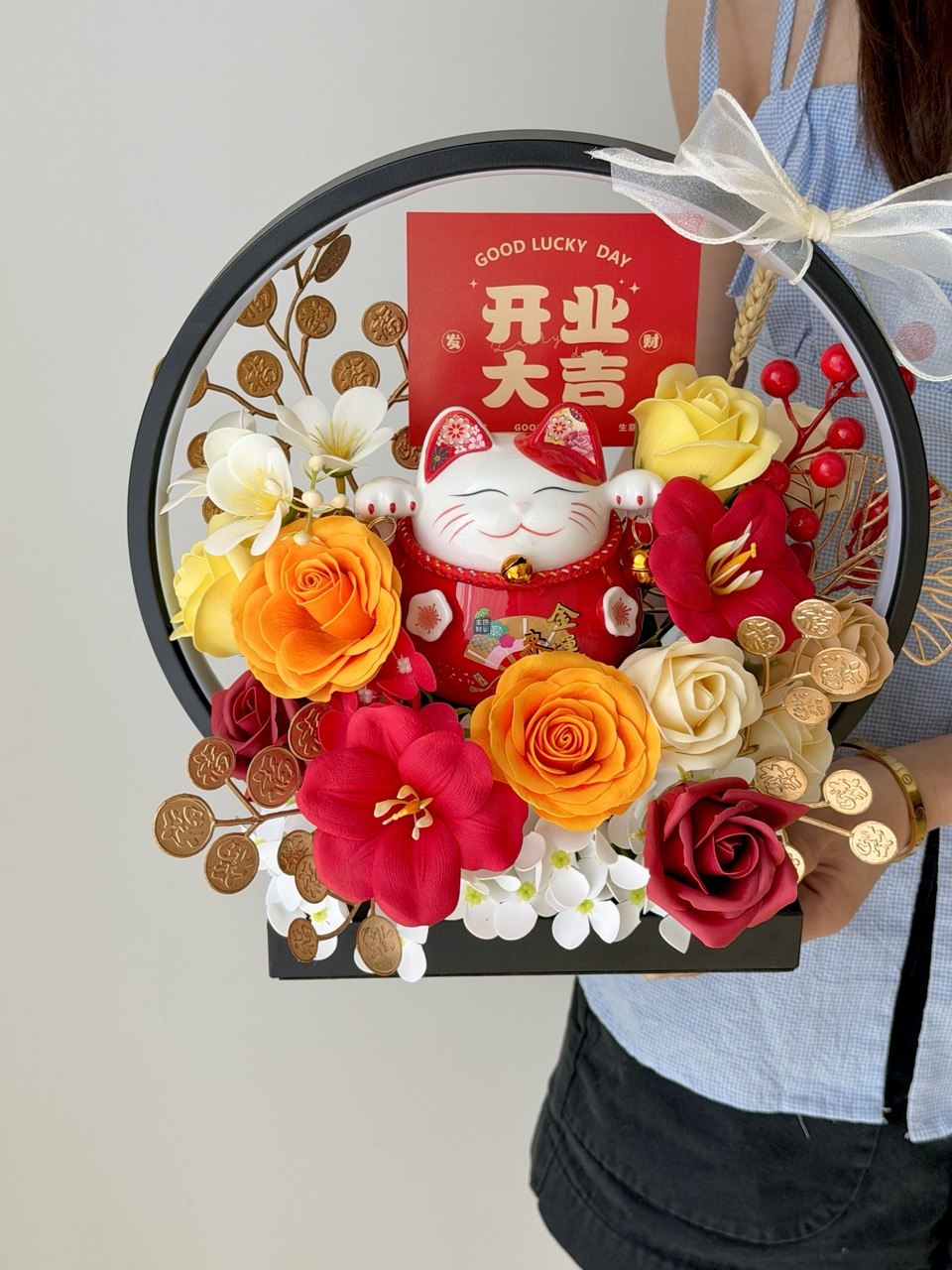 Prosperity lucky cat flower box with LED ring and colourful flowers, grand opening gift Kuala Lumpur same day delivery.