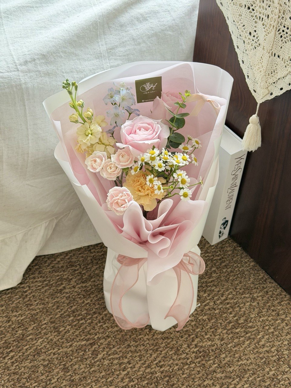 Elegant mini flower bouquet with soft pink wrapping, ideal for anniversary surprise in Klang Valley same day flower delivery.