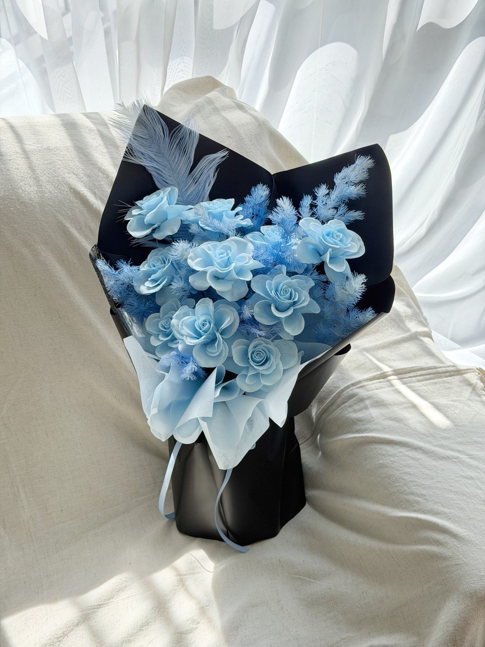 Luxury blue soap flower bouquet with decorative preserved fillers, ideal for graduation, birthdays, and special occasions in Sunway Geo.
