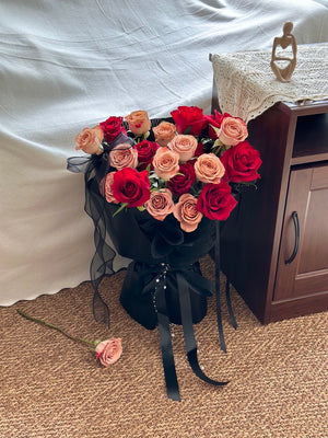 Premium red rose Valentine bouquet wrapped in black, Kuala Lumpur florist same day delivery for last minute gifting