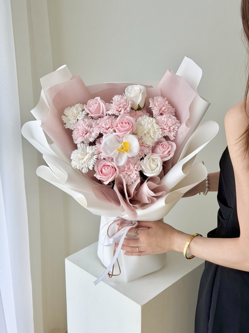 Premium soap flower bouquet for Mother’s Day with roses and orchid by Hug and Heart Florist.
