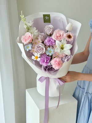 Pastel purple soap flower bouquet with assorted flowers, ideal for purple lovers, same day delivery in Kuala Lumpur and Selangor.