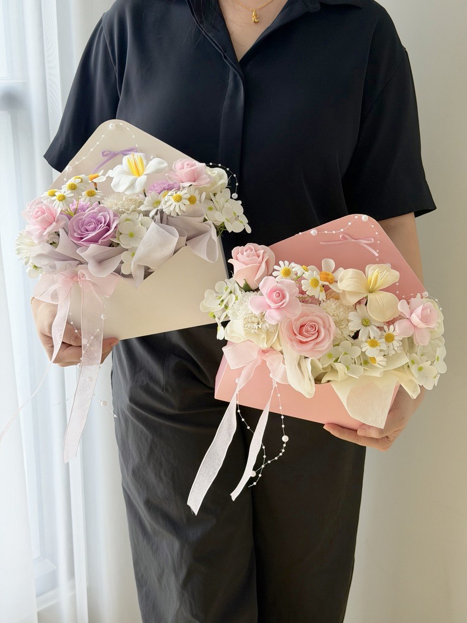 Elegant soap flower letter bouquet with pink roses, purple rose, white tulips, and daisy flowers for birthdays, anniversaries, and special occasions.