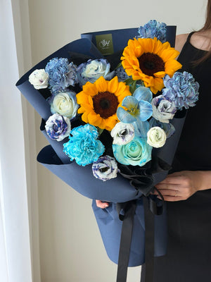 Elegant sunflower graduation bouquet with blue and dark blue flowers, tulips roses carnation mix Bukit Jalil same day flower delivery.