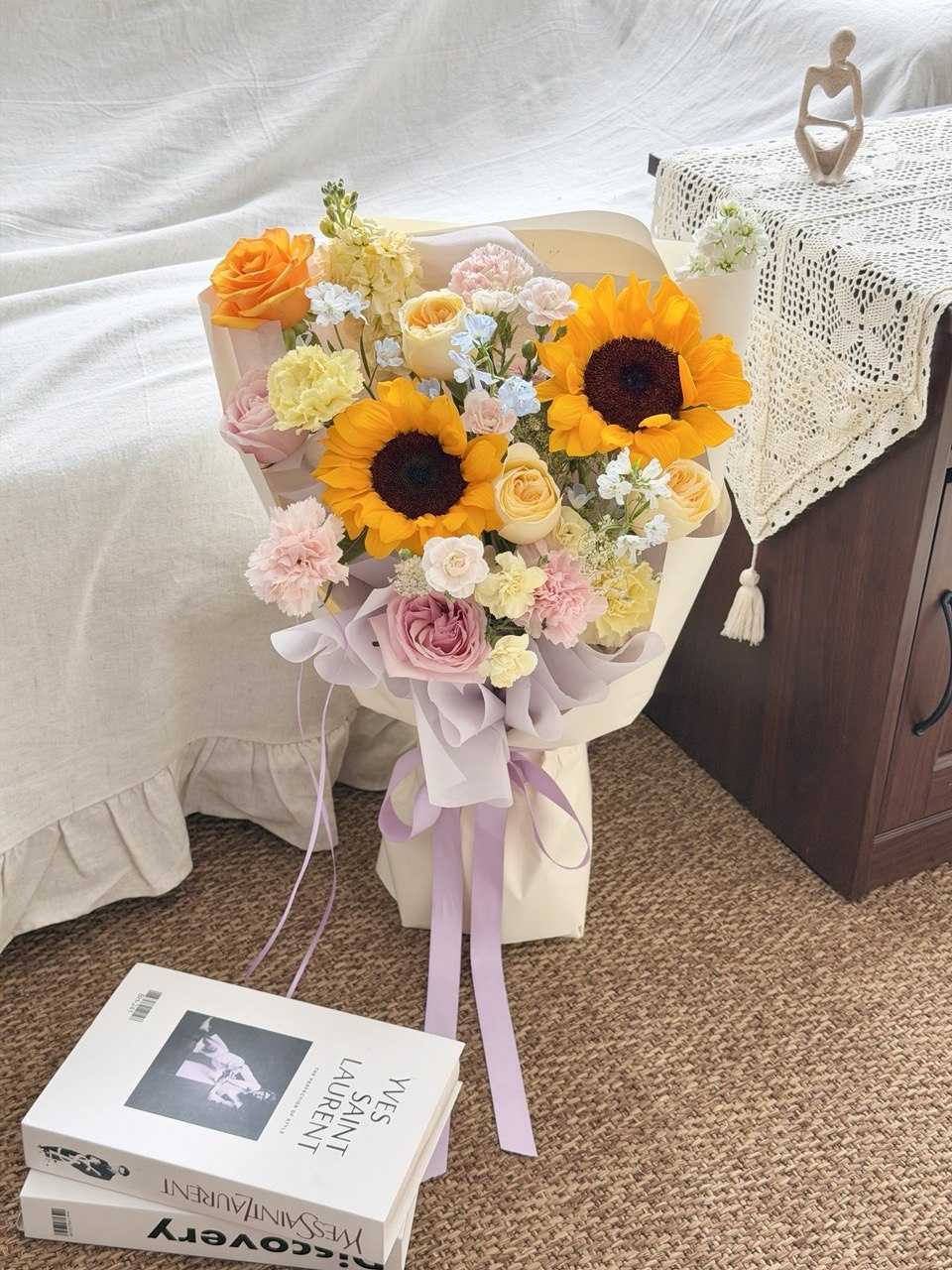 Elegant sunflower bouquet with buttercup roses and pink roses, perfect for graduation celebration in Kuala Lumpur and nearby areas.