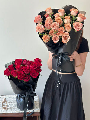 Red rose bouquet and cappuccino rose bouquet by Hug and Heart Florist Subang Jaya, perfect Valentine’s Day flower delivery in Kuala Lumpur.