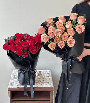 Fresh red and cappuccino rose bouquet wrapped in black, designed by Hug and Heart Florist Subang Jaya Kuala Lumpur.