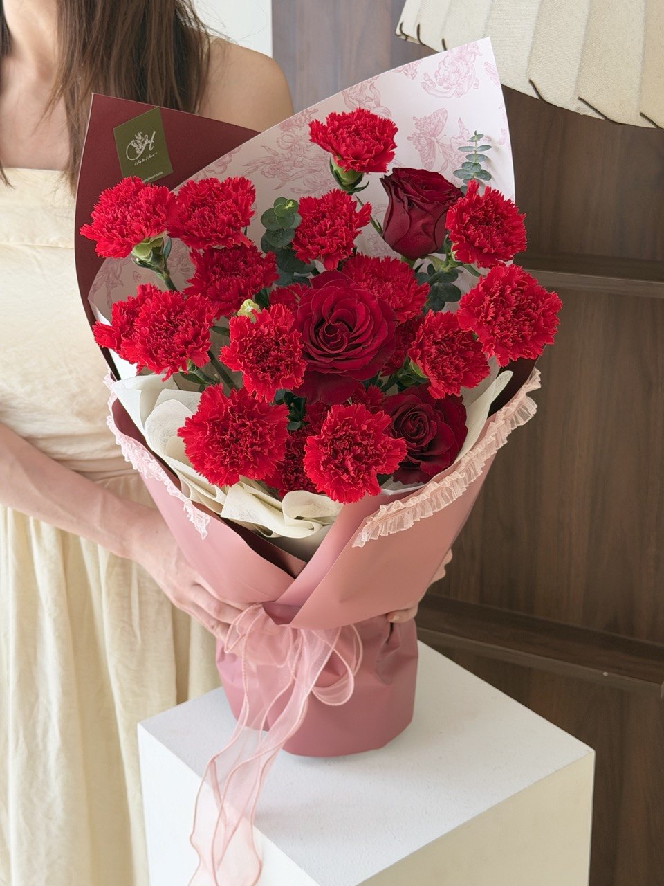 Fresh red carnation and rose flower bouquet for Mother’s Day same day delivery Kuala Lumpur Selangor Malaysia.
