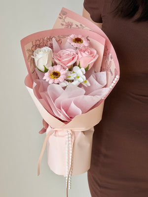 Luxury pastel soap flower bouquet with pink, lilac and white roses, ideal Mother’s Day gift in Selangor with premium wrapping design.