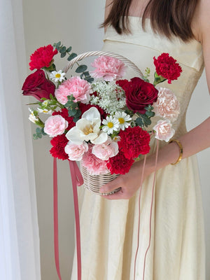 Soft pastel flower basket with roses, carnations and white florals, suitable for get well soon, housewarming gift and mother's day gift.
