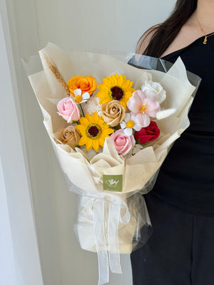 Premium soap flower graduation bouquet with sunflower and beige wrapping, perfect for Bukit Jalil and Subang Jaya deliver.
