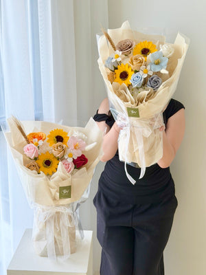 Aesthetic graduation soap flower bouquet with sunflower and mixed roses, popular convocation gift for graduation.
