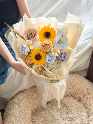 Graduation bouquet with soap flowers, sunflower and soft colour roses, ideal gift for university convocation Subang Jaya and Bukit Jalil.