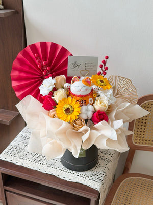 Maneki Neko lucky cat business opening flower stand with premium soap flowers, sunflowers and roses, perfect for shop opening, corporate launch and grand opening décor.
