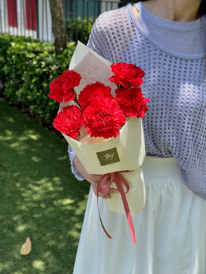 A girl wearing a purple cardigan holds one bouquet of red carnation, honoring her mother on Mother's Day 2025.