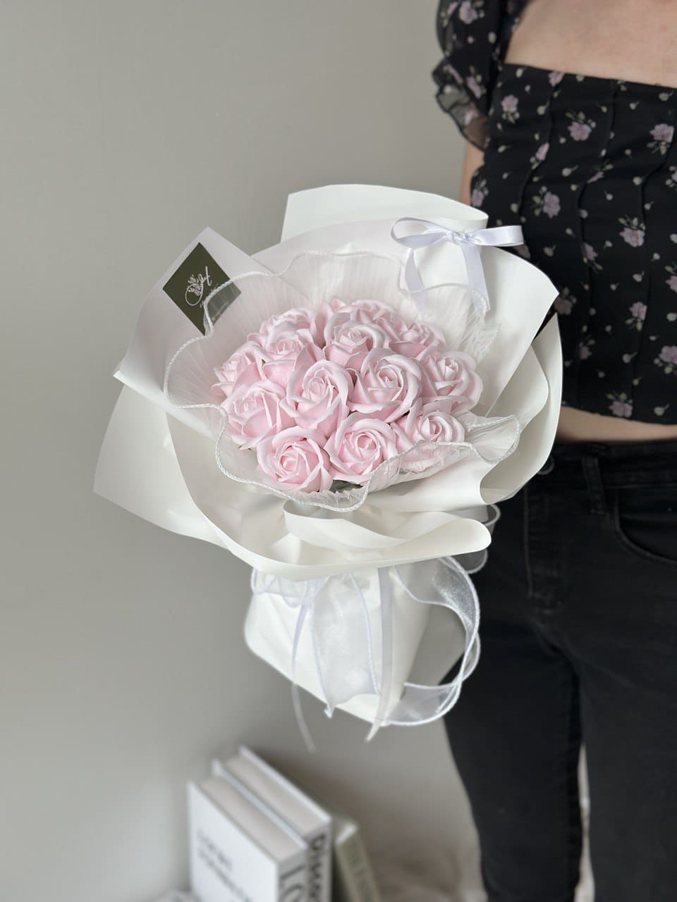 Pink Soap flower wrapped in white wrapper for birthday or anniversary flower gift.