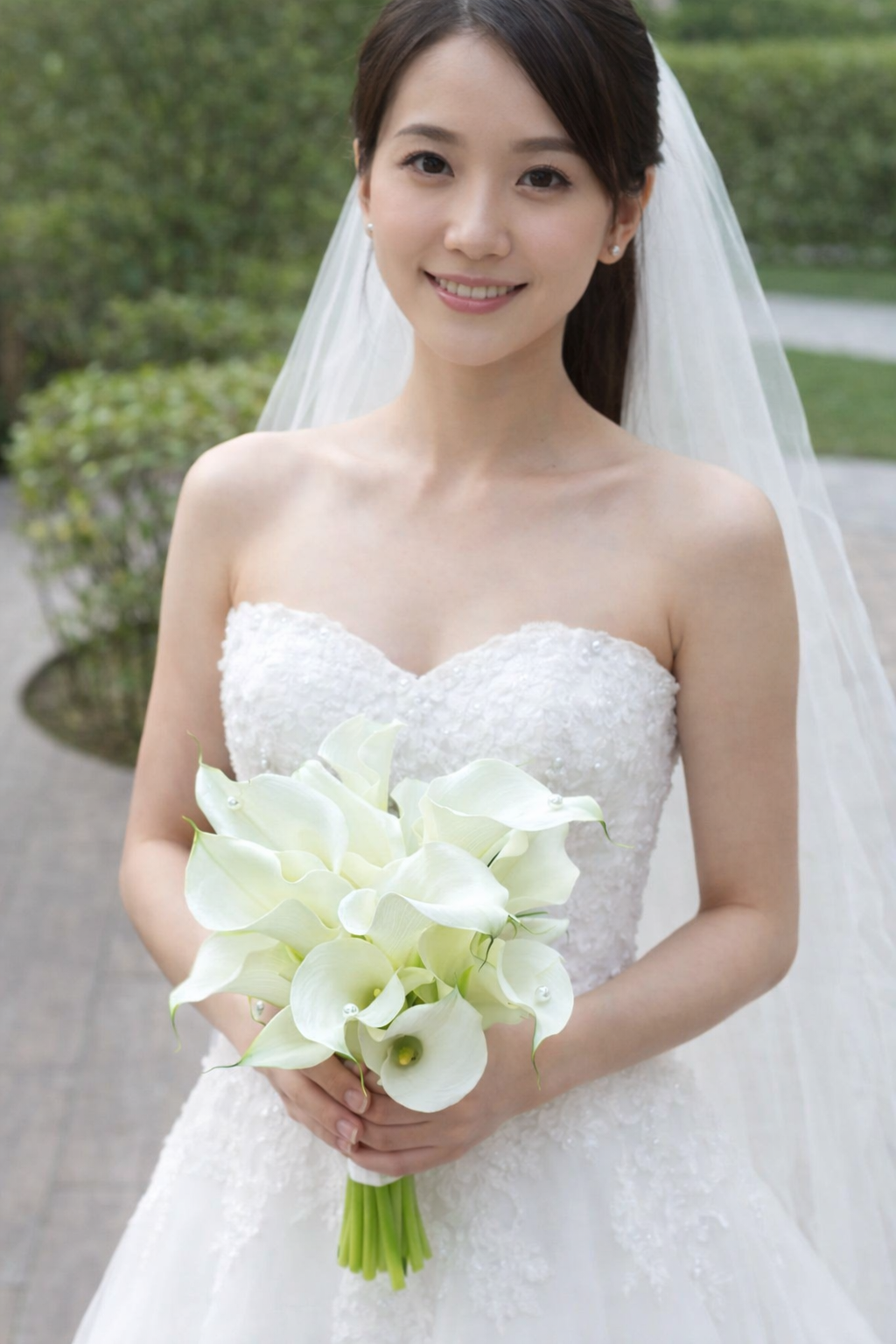 Bride holding a bouquet of white calla lilies with a blurred green background.