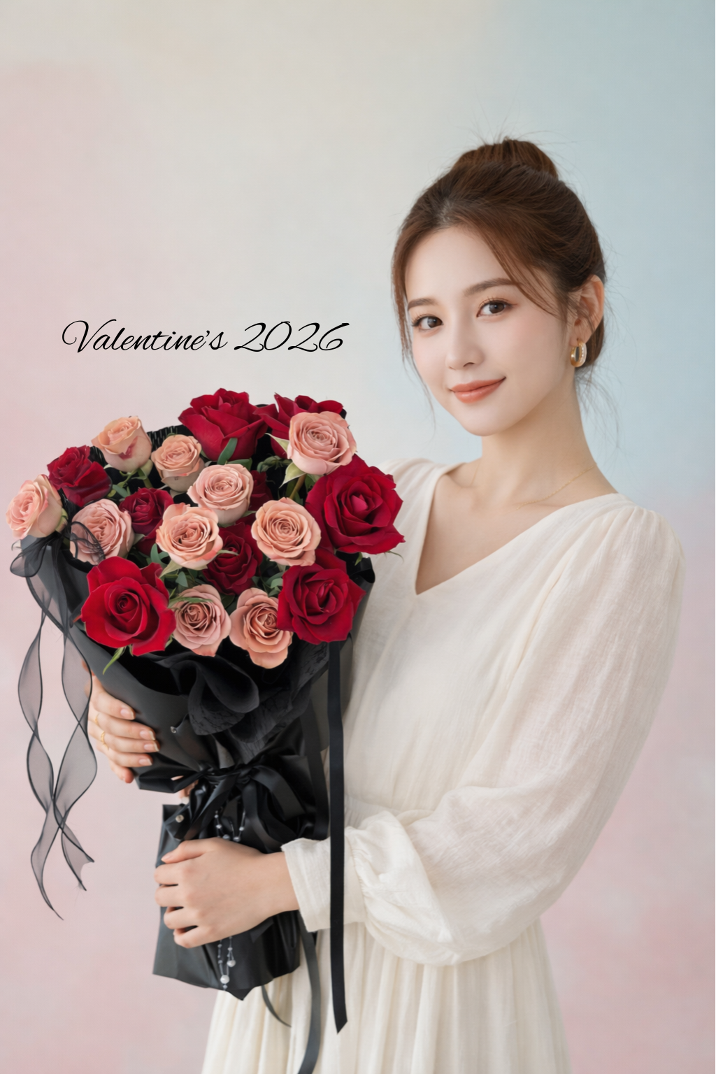 Woman holding a bouquet of red roses mixed with cappuccino rose for Valetnine's Day.