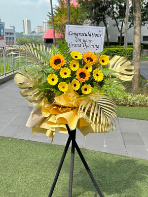 Flower Opening stand with yellow gerbera and yellow sunflower ready to sell at Kuala Lumpur florist.