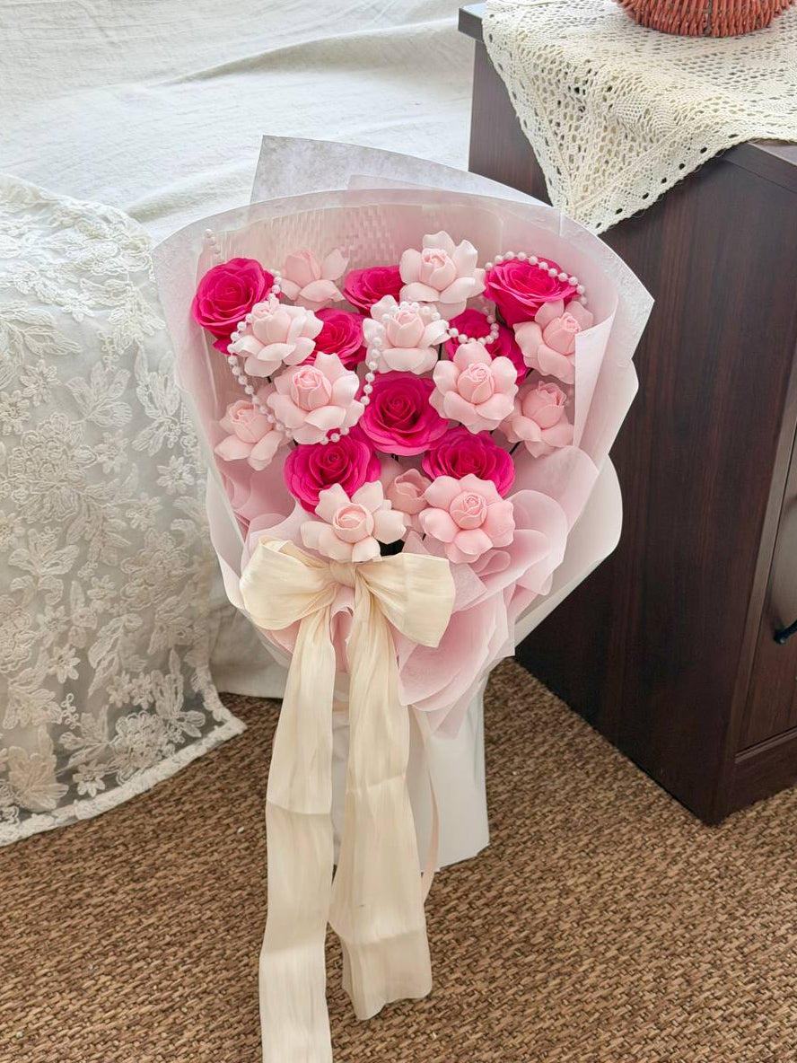 kiss of fairy rose spray soap flower and hot pink rose soap flower placed in carpeted floor prepare by Hug and Heart Florist Subang Jaya.