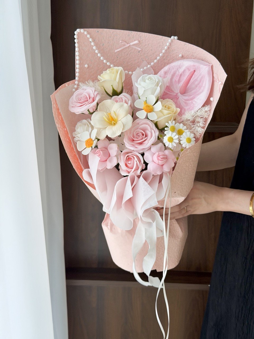 Luxury pastel soap flower arrangement with pink roses and floral wrapping, everlasting bouquet gift that lasts over 1 year prepared by Hug and Heart Florist.