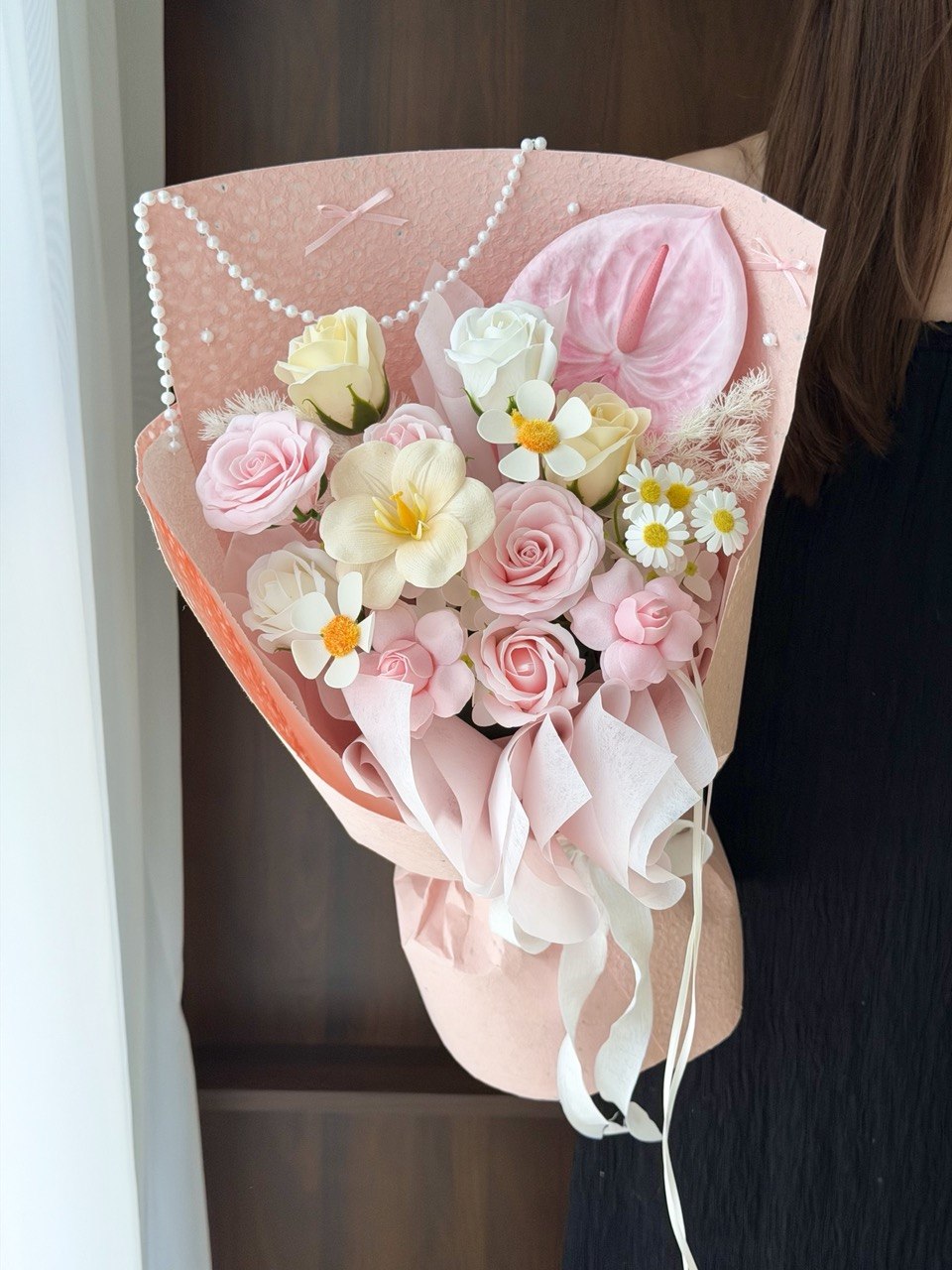 Romantic soap flower bouquet featuring pink roses, white blooms, and daisy flowers for anniversary, Valentine’s Day, or just because gifts - Hug and Heart Florist Subang Jaya.