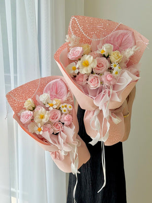 Elegant pink soap flower bouquet with roses and daisy accents, perfect long-lasting gift for birthdays, anniversaries, and 5.20 celebrations - prepared by Hug and Heart Florist.