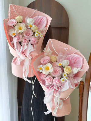 Premium soap rose bouquet with elegant pink wrapping and pearl details, beautiful keepsake gift for birthday, anniversary, and special occasions.