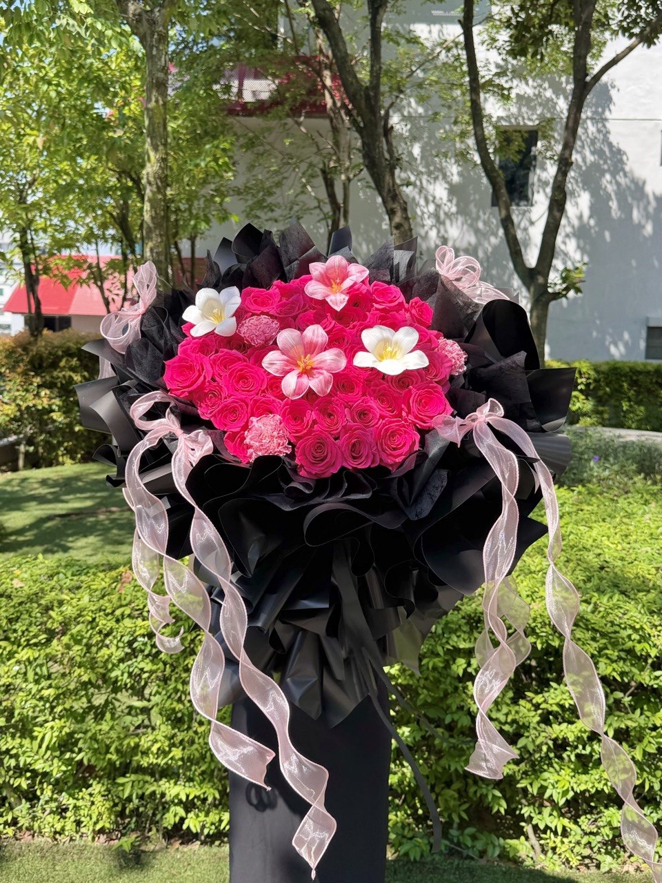 A large floral bouquet featuring bright pink roses, wrapped in black paper with long sheer pink ribbons, photographed outdoors on a post with green hedges and trees in the background.