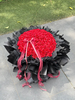99 red roses soap flower bouquet for unforgettable proposal, flower prepared by Hug and Heart Florist Subang Jaya.