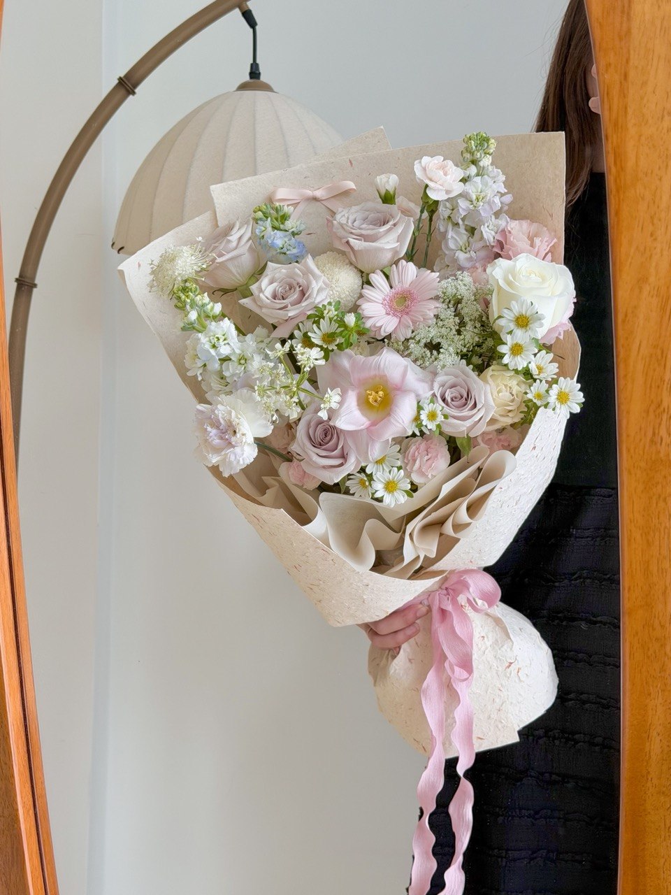 Romantic soft pink flower bouquet with menta rose, tulip and white roses for girlfriend surprise, same day florist delivery Bukit Jalil.
