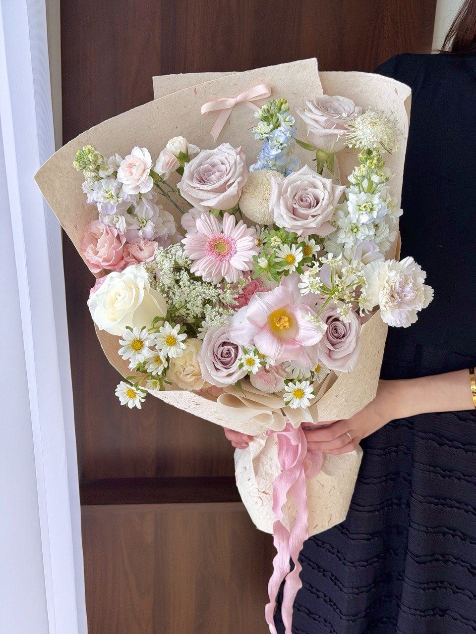 Elegant menta rose bouquet mixed with soft pink tulip, white roses and daisy flowers, last minute flower delivery Bukit Jalil and KL.