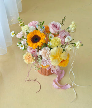 Cheerful sunflower flower basket with yellow tulip, pink roses and carnations for housewarming gifts in Subang Jaya and Bukit Jalil.