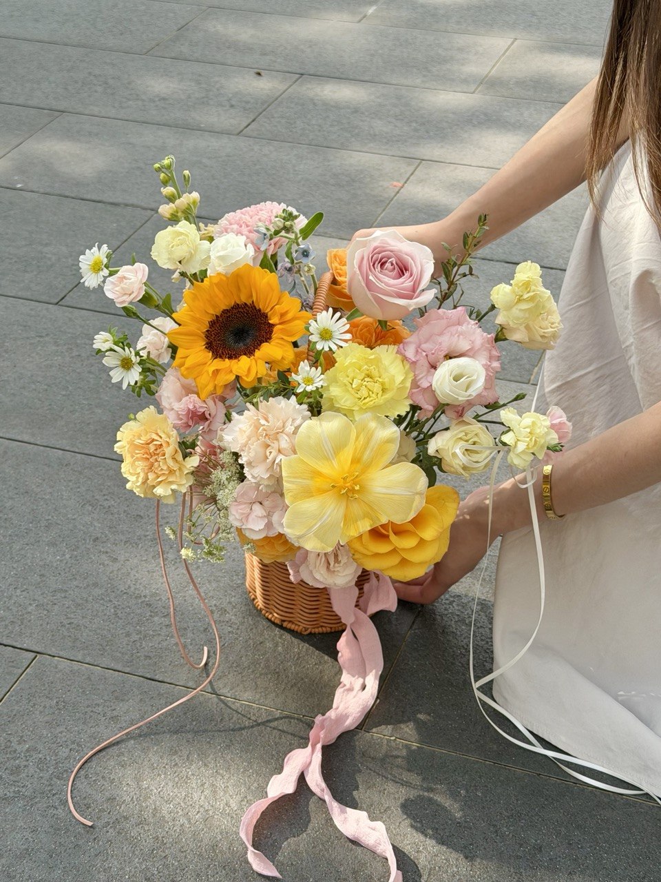 Premium sunflower and tulip floral basket arrangement for business grand opening or get well soon flower basket, same day florist delivery in Kuala Lumpur.
