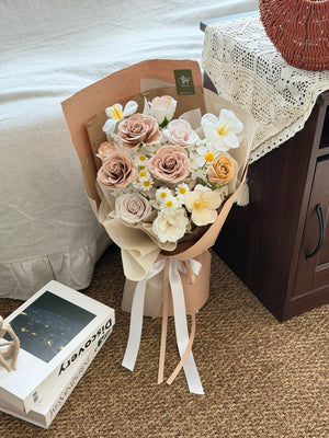 Long lasting soap flower bouquet with cappuccino roses and white floral arrangement for girlfriend surprise and home decoration.
