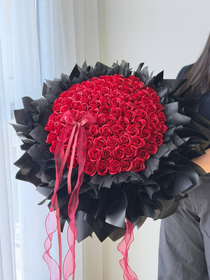 Luxury 99 red rose soap flower bouquet perfect for proposal gift at Kuala Lumpur.