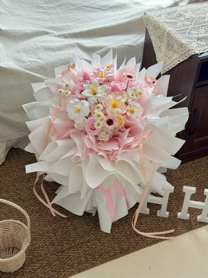 Everlasting pink soap flower bouquet with romantic ballet-style wrapping, ideal for anniversaries, birthdays, car boot surprises, and special occasions in Kuala Lumpur and Selangor.