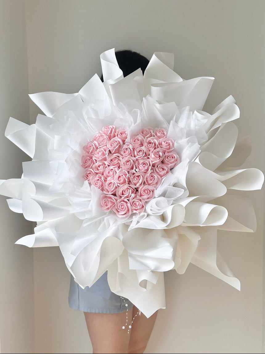 A bouquet of 33 love shape soap flower roses with same-day delivery at Kuala Lumpur and Selangor.