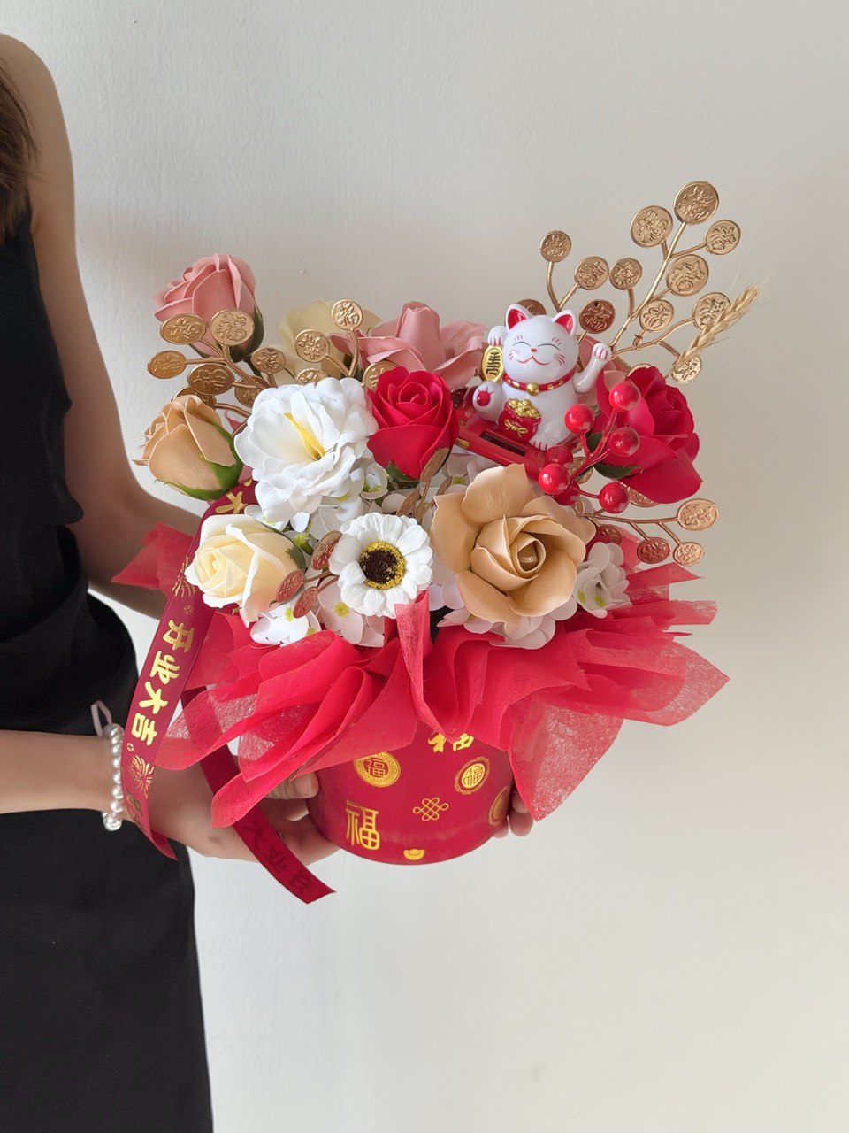 A box with soap flower roses and 1 solar lucky cat perfect for business opening gifting, same-day delivery at Kuala Lumpur and Selangor.