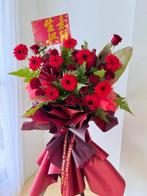Grand business flower opening stand with red rose and red gerbera, perfect for new business opening gift near me at Kuala Lumpur.