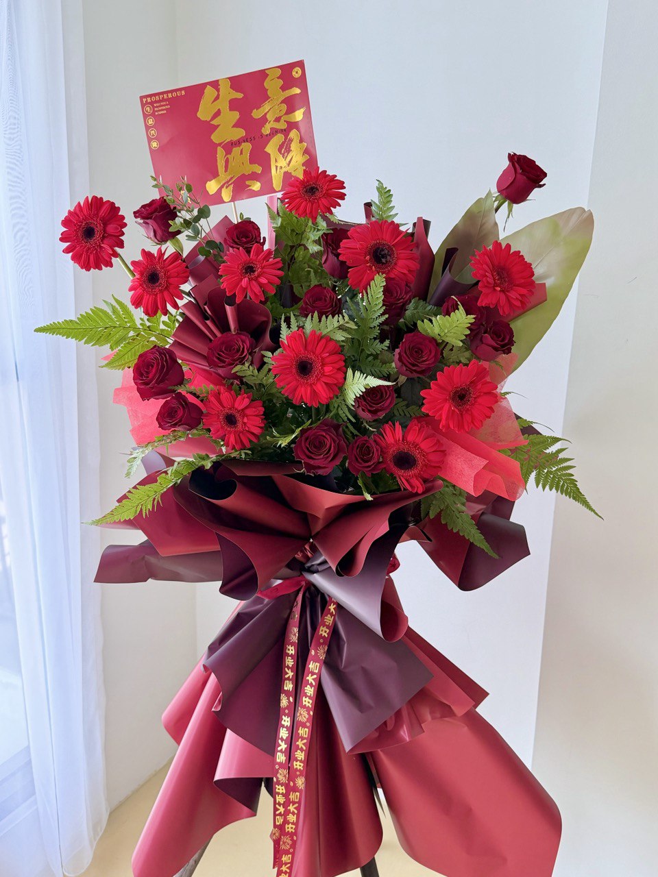 Grand business flower opening stand with red rose and red gerbera, perfect for new business opening gift near me at Kuala Lumpur.
