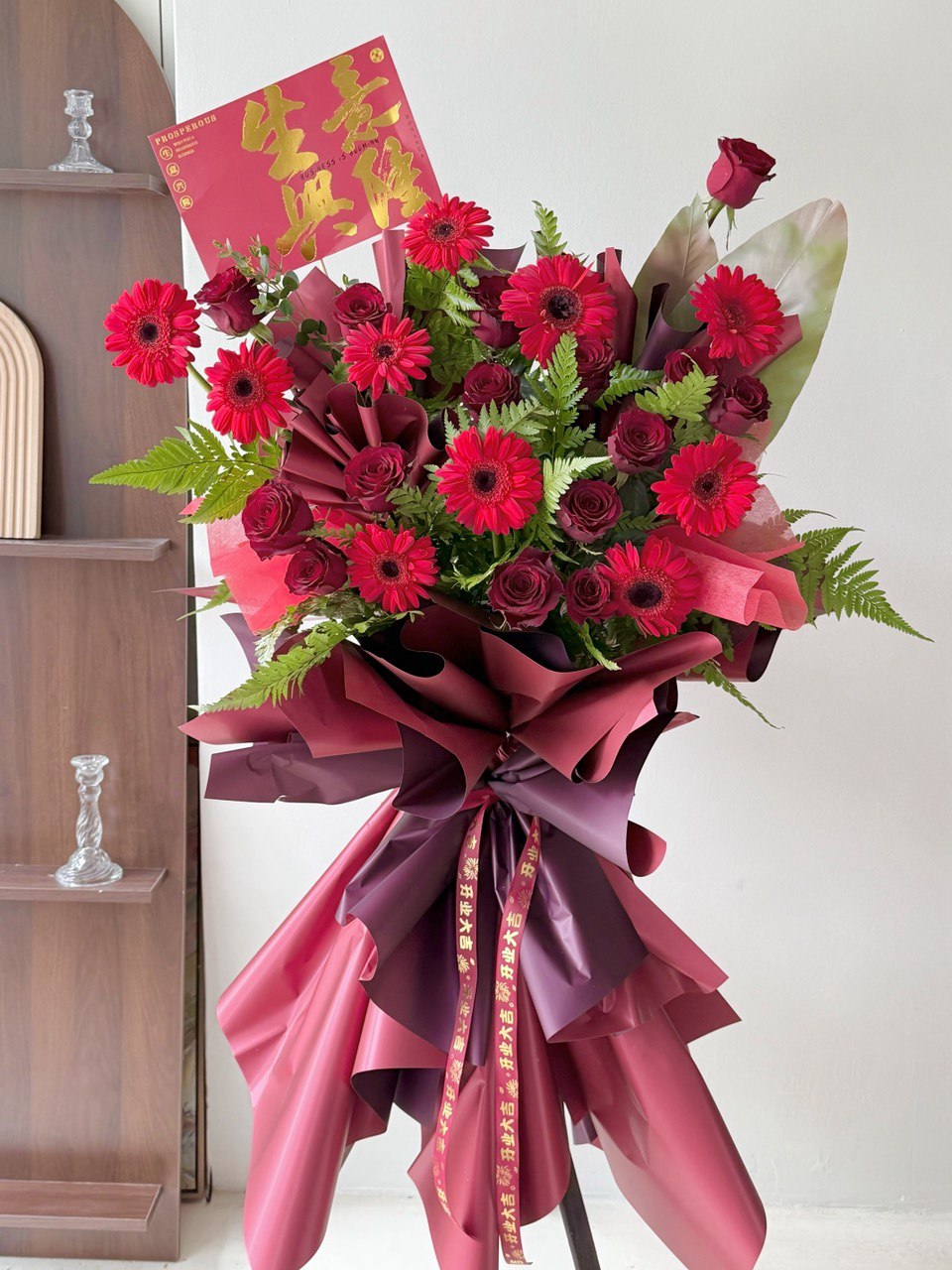 Grand business flower opening stand with red rose and red gerbera, perfect for new business opening gift near me at Kuala Lumpur.