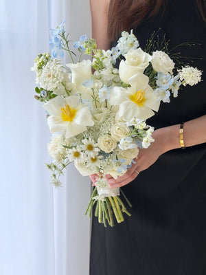 Elegant white tulip and blue delphinium wedding bouquet with white roses and blue oxypetalum, perfect for ROM ceremony and bridal bouquet, same day flower delivery in Kuala Lumpur and Selangor.