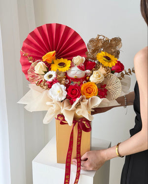 A lucky cat with soap flower with a red paper fan prepared by Hug and Heart Florist Subang Jaya, perfect for Business Opening gift.