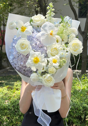 Elegant hydrangea mixed flower bouquet with white roses and tulips birthday gift.