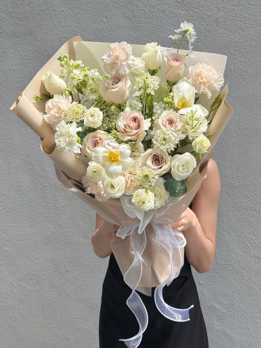 Soft tone flower bouquet featuring Quicksand roses, white roses, and white tulips, perfect as an apology flower or I'm Sorry bouquet with same-day flower delivery in Kuala Lumpur and Selangor.