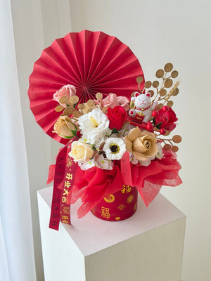 Lucky cat soap flower arrangement in red prosperity box with gold coins – grand opening gift with same day delivery in Kuala Lumpur by Hug and Heart Florist.