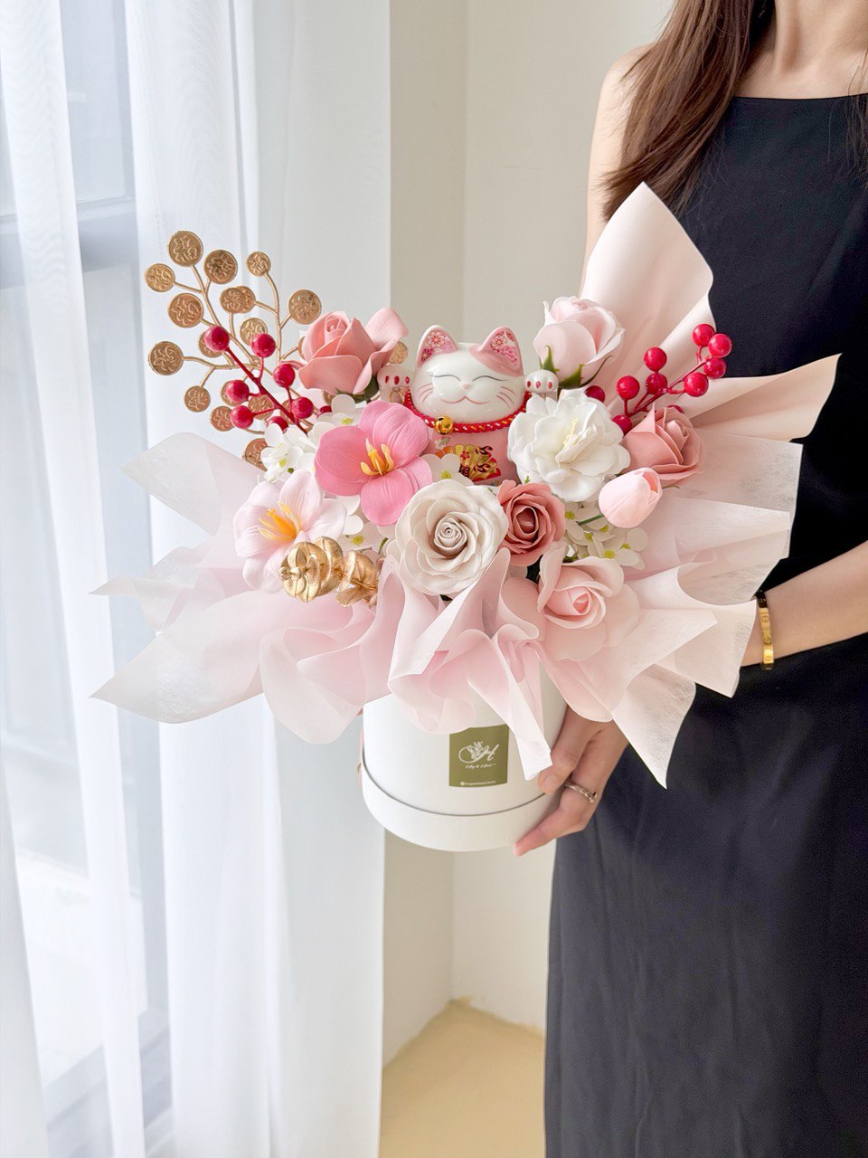 Grand opening lucky cat flower box with pink soap roses and gold coin decoration, same day business opening gift delivery in Kuala Lumpur by Hug and Heart Florist.