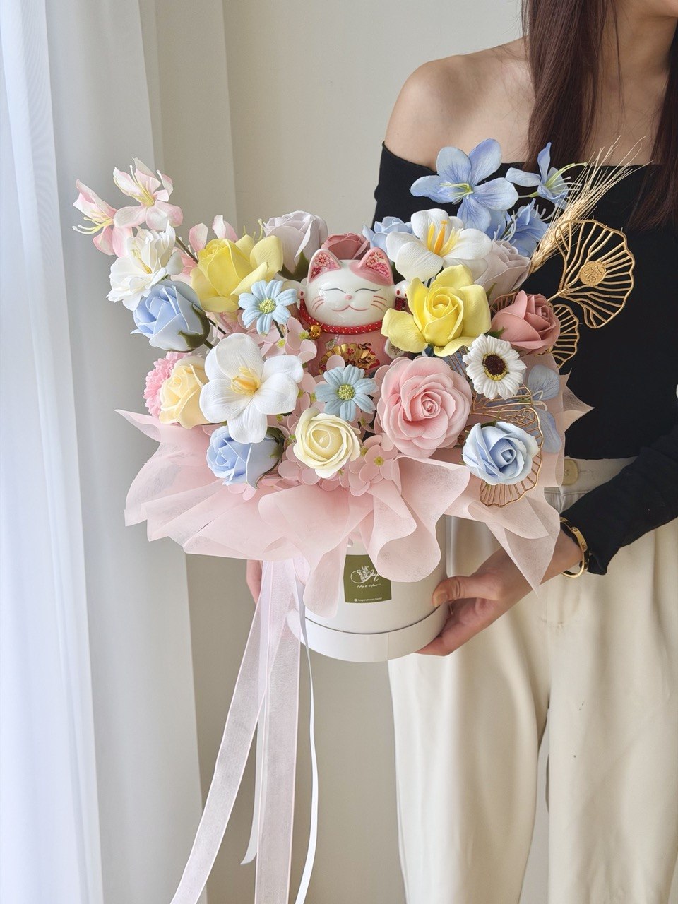 Pastel soap flower arrangement in a gift box with pink lucky cat, business opening congratulations flower gift, grand opening decoration and corporate gift in Kuala Lumpur.