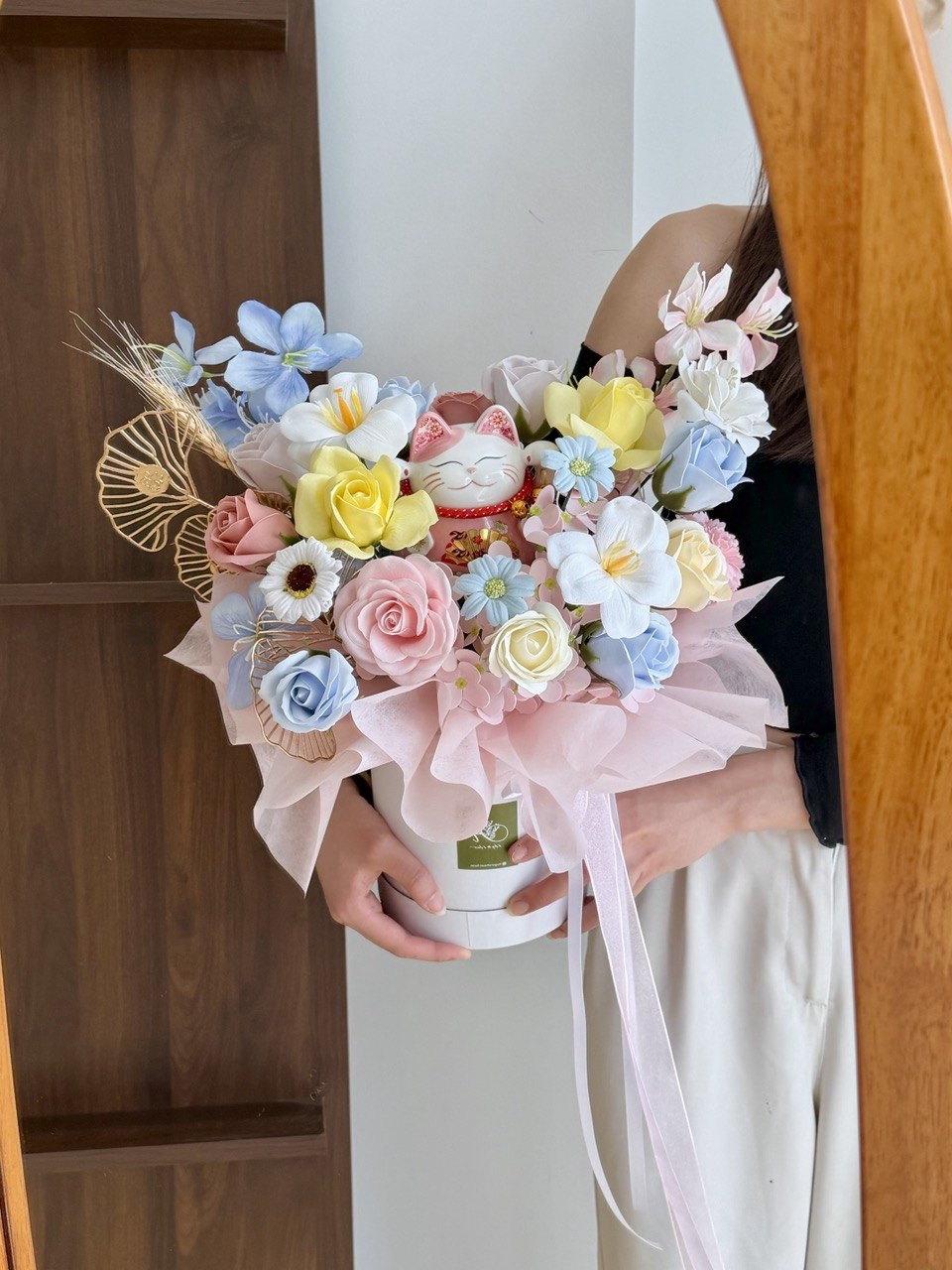 Beautiful soap flower basket with lucky cat figurine, handcrafted pastel roses and orchids, perfect grand opening flower gift, business launch celebration and same day delivery KL Selangor.